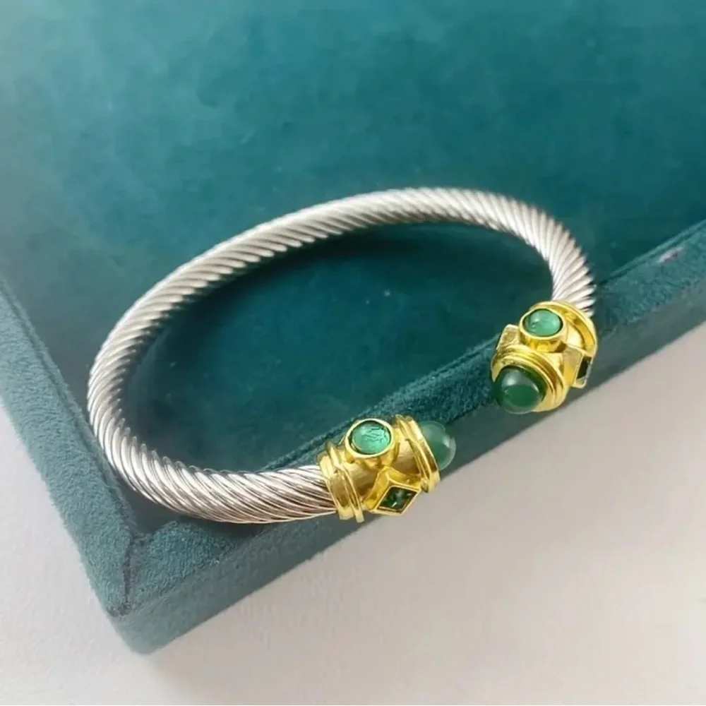 Sophisticated Silver and Gold Bracelet with Green Gemstones
